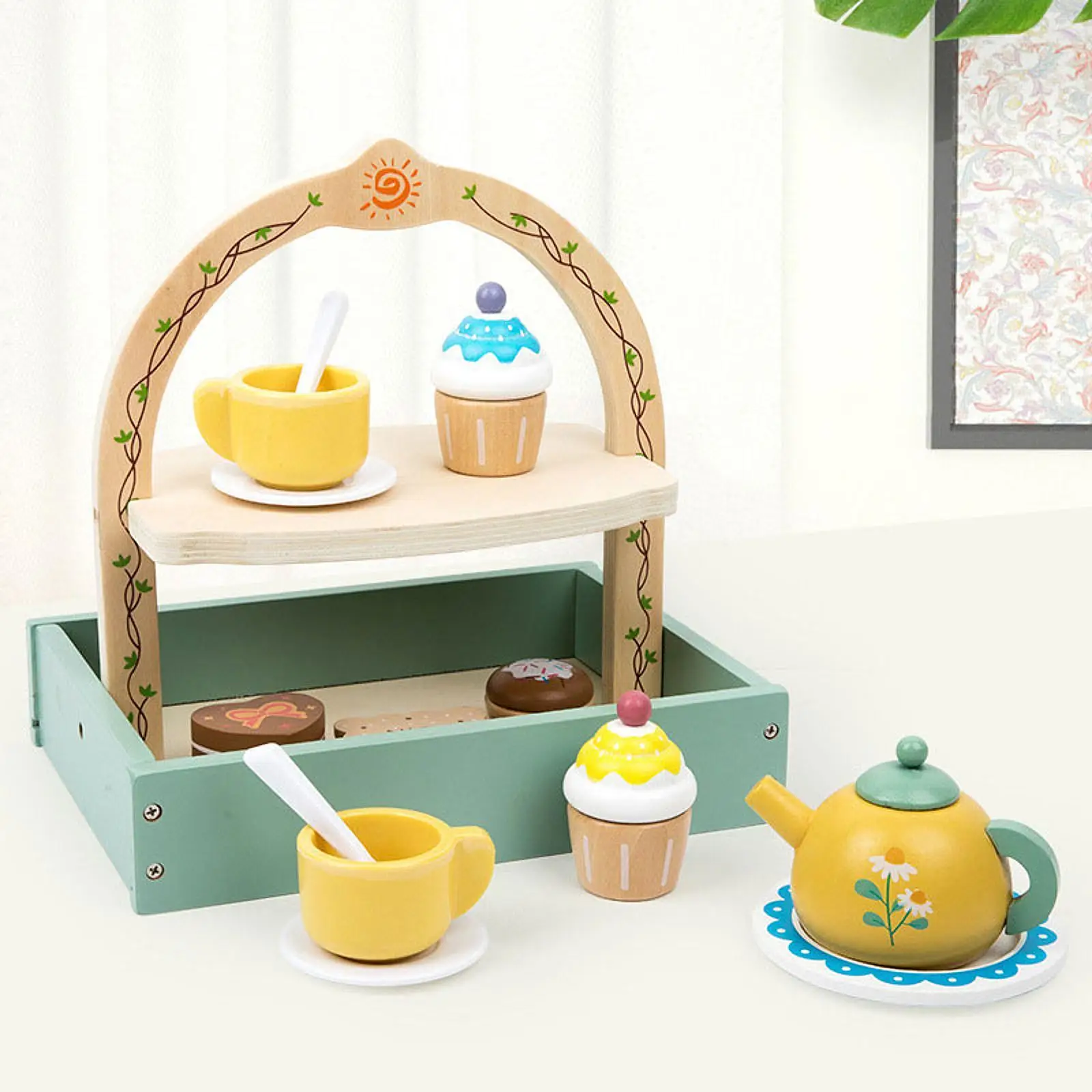 Set da tè in legno per bambine, giochi di ruolo con supporto per cupcake, giochi di finzione, accessori da cucina per ragazze di 3 4 5 anni