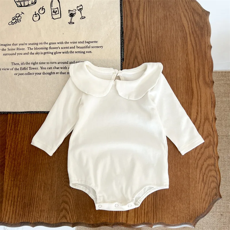 2024 Autumn New Baby Long Sleeve Bodysuit Newborn Cotton Peter Pan Collar Jumpsuit Solid Infant Girl Clothes Toddler Onesie