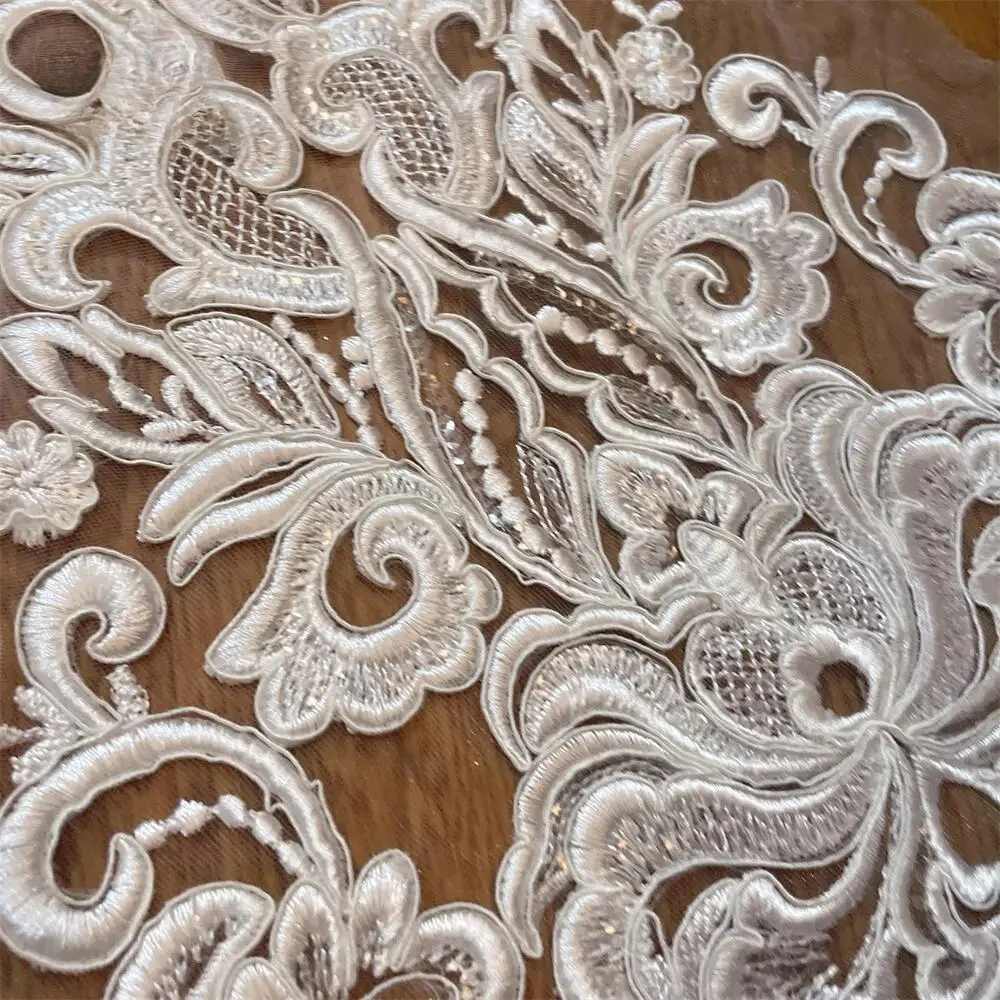 

High Quality Sequined Embroidered Lace Fabric, Wedding Dress DIY Accessories, White Flowers Background Decoration Accessories