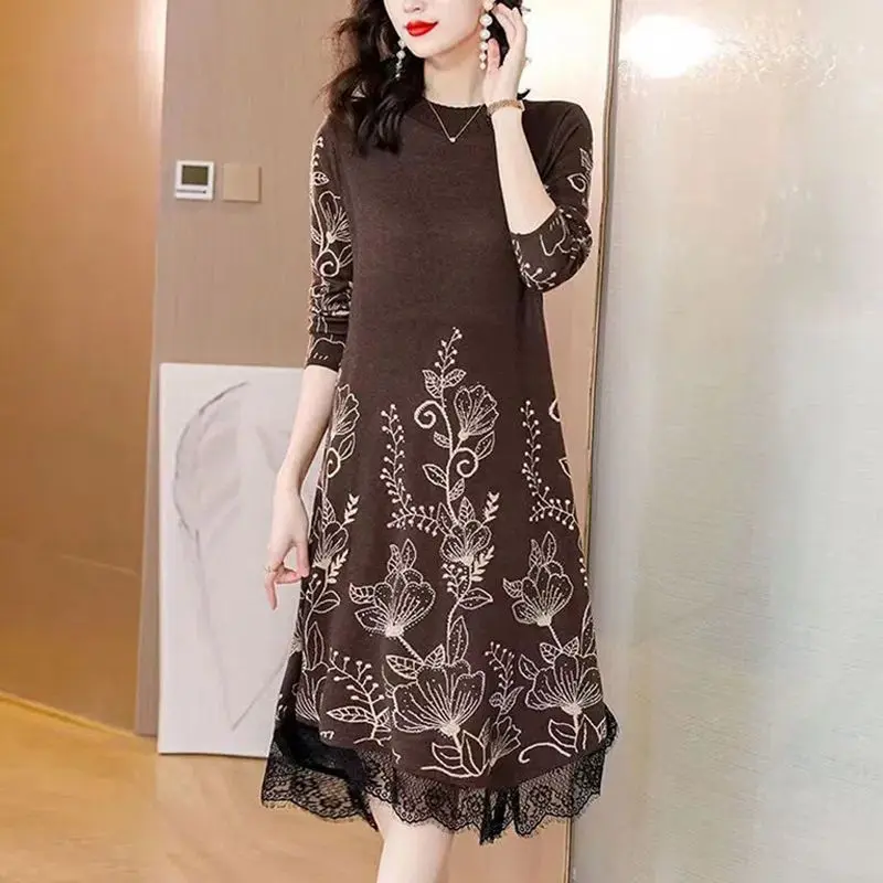 Autumn Winter Women\'s Korean Fashion Print Lace Patchwork Elegant Knitted Dresses Ladies Long Sleeve Loose Irregular Midi Dress