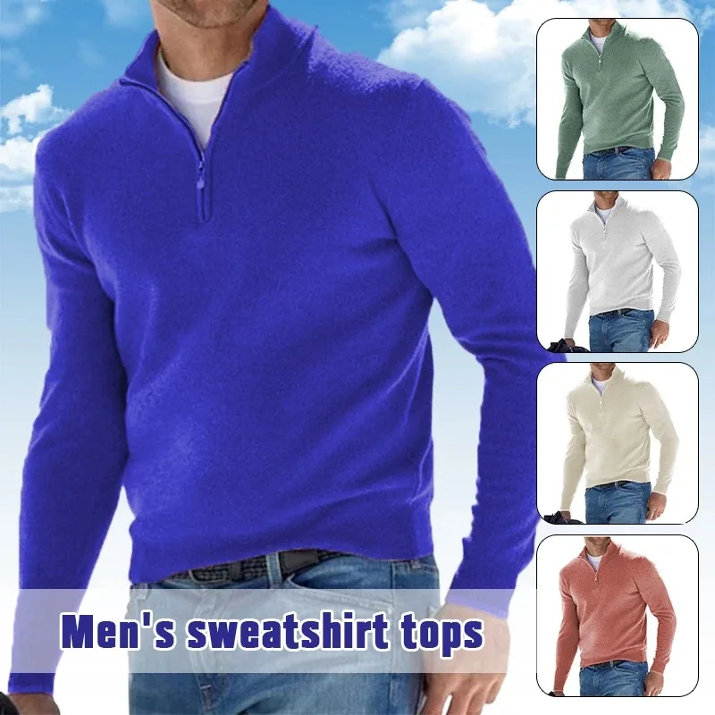 Men Spring Autumn Sweatshir Imitation Cashmere Zipper Basic Sweater Long Sleeve Sweater Half Zipper Turtleneck Warm Pullover