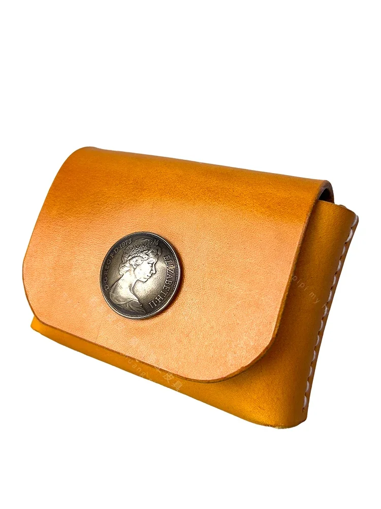 First Layer Cowhide Multi-Functional Card Clamp Men's Simple Retro Vegetable Tanning Leather Storage Bag for Women