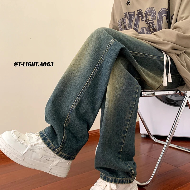 

High Street Vibe Men's Straight Leg Jeans Clean Fit American Retro Long Trousers Autumn Season Fashionable Loose Fit Jeans