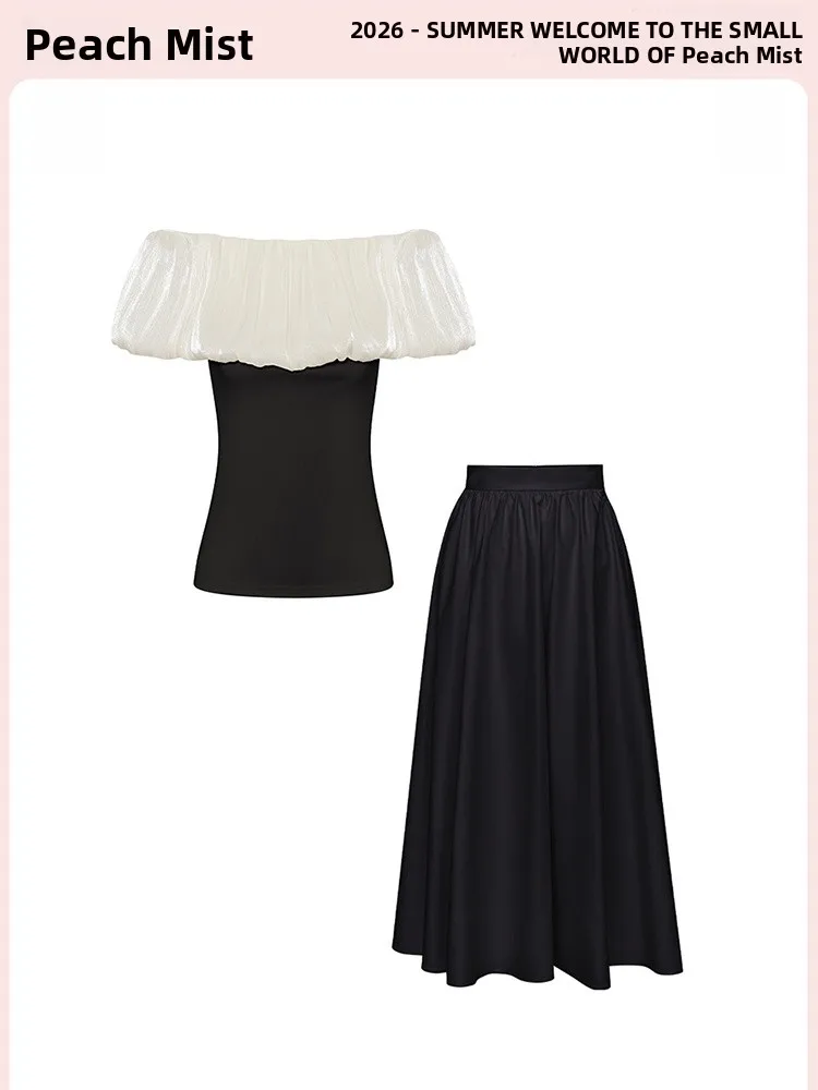 Elegant Black One-Shoulder Waist-Cinching Women's Summer Fashion Set with Long A-Line Skirt Short Sleeve T-Shirt French Style