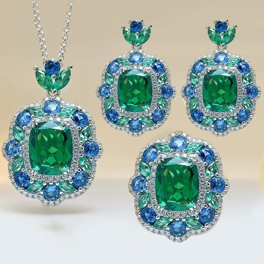 

Europe America Luxury Platinum Plated Jewelry Sets Fashion Women Bridal Square Green Stone Pendant Necklaces Earrings Rings Sets