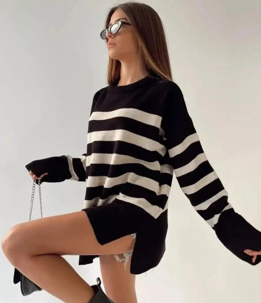 

Осенне-зимний женский свободный крой, полосатый вязаный свитер с круглым вырезом, пальто для пуловера