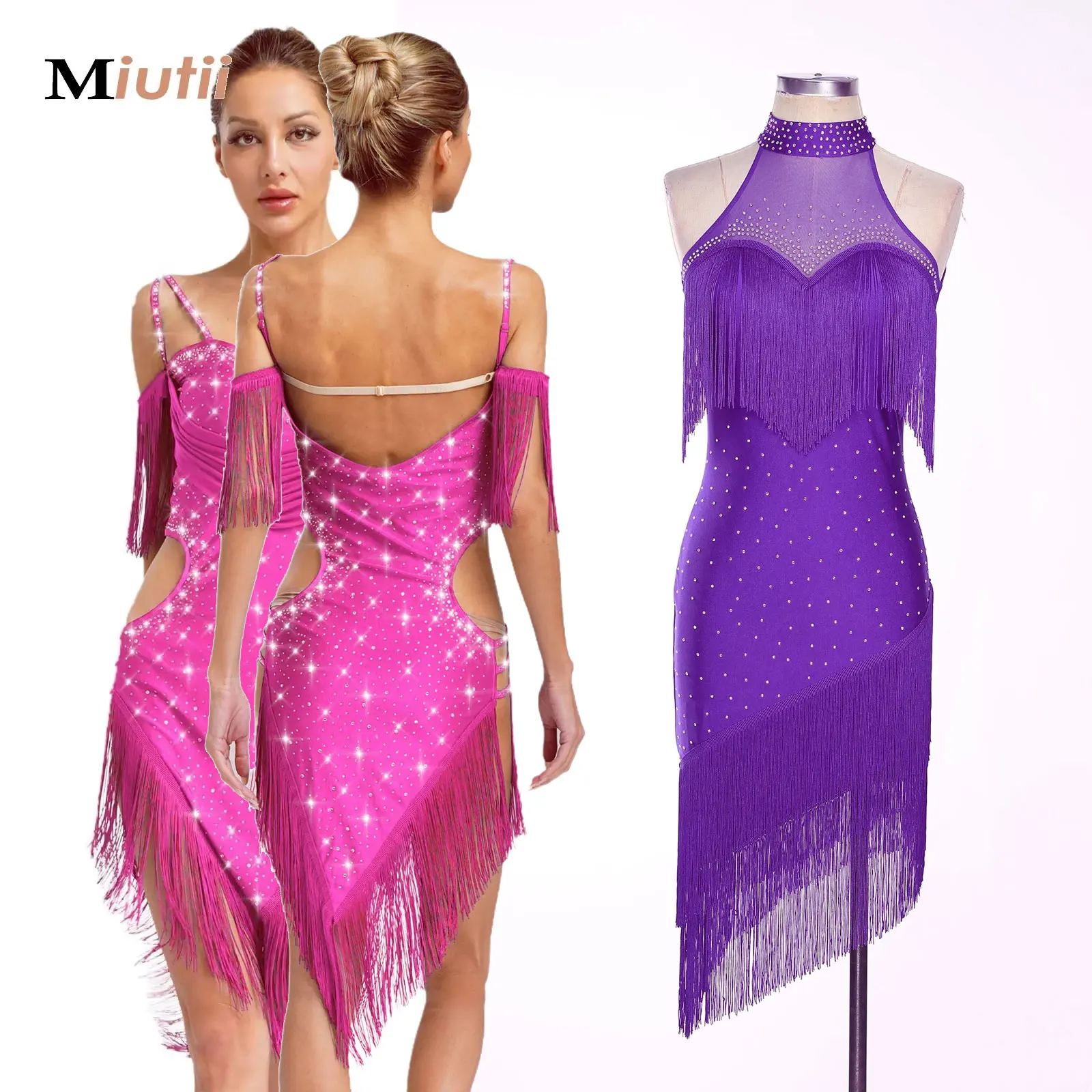 

Women Fringe Latin Dance Dress Figure Skating Cha-cha Tango Samba Rumba Performance Costume Shiny Rhinestones Tassels Leotard