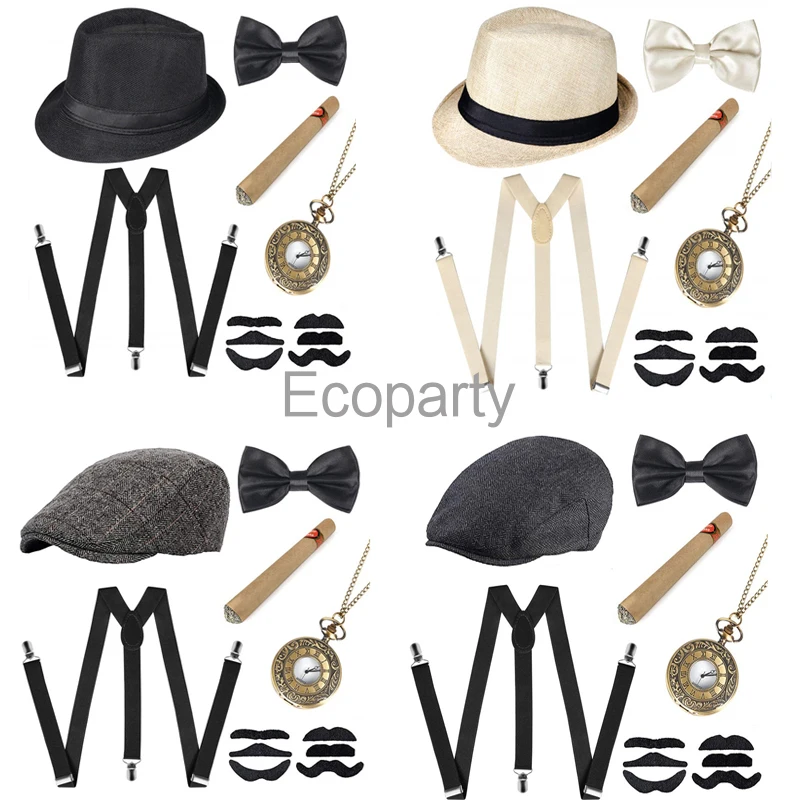 Peaky Blinders Costume Accessories Set 30s Manhattan Gangster Beret Y-Back Suspender Pocket Watch 1920s Men Gatsby Costume Beard