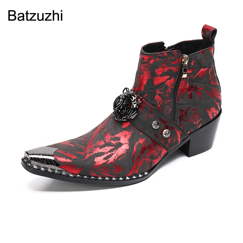 Batzuzhi Fashion Rock Men's Shoes Silver Toe Black Red Designer's Leather Ankle Boots for Men Party, Wedding Botas Hombre