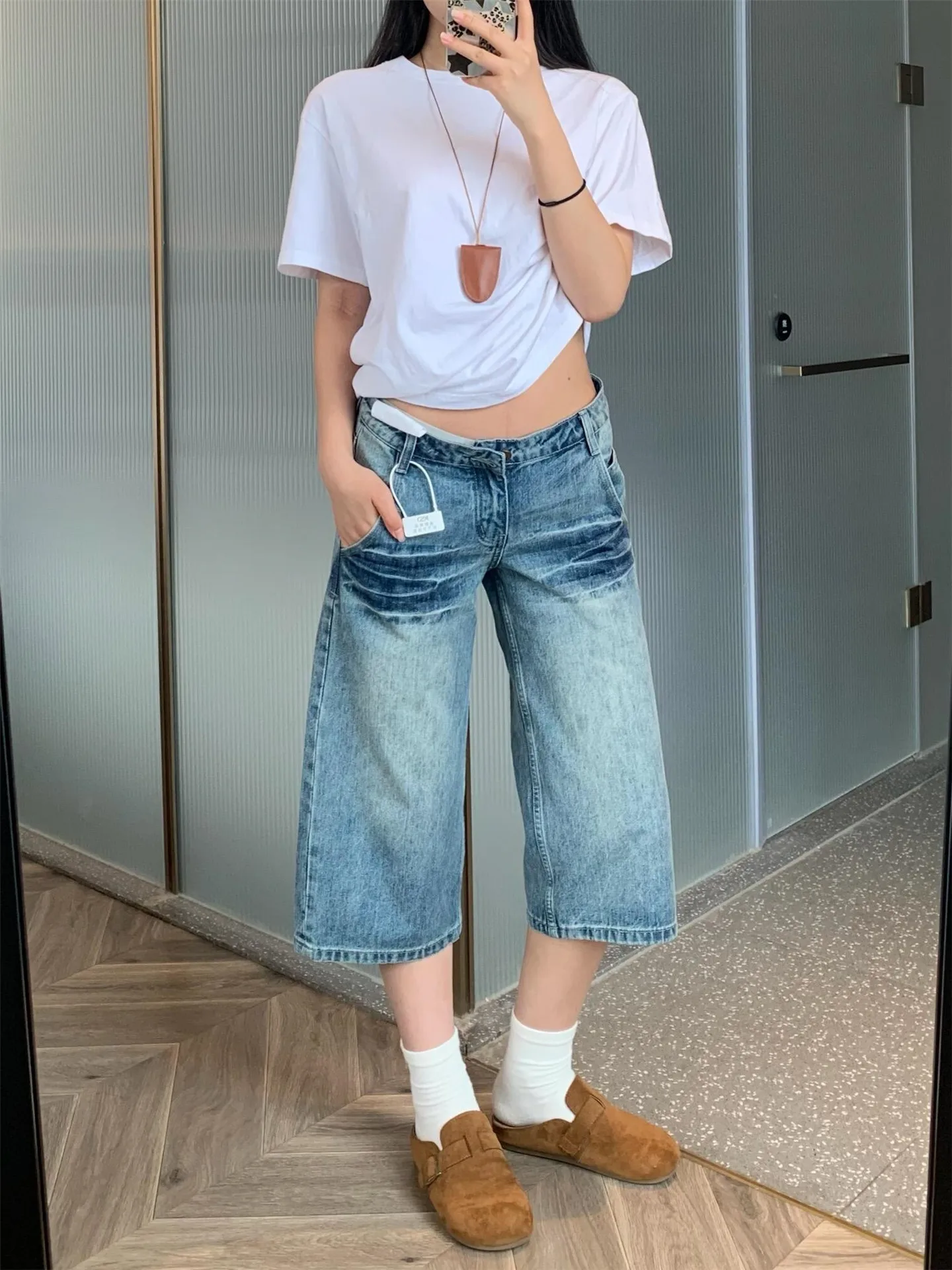 

American Style Vintage Blue Low Waist Seven-Foot Denim Jeans Women Summer Loose Slim Washed Old-Made Medium Pants