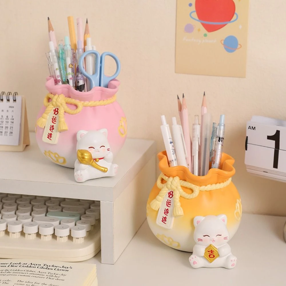 Novelty Maneki Neko Lucky Bag Pen Holder Cat Toast Pencil Container Cute Decoration Desktop Storage Box Desktop Storage