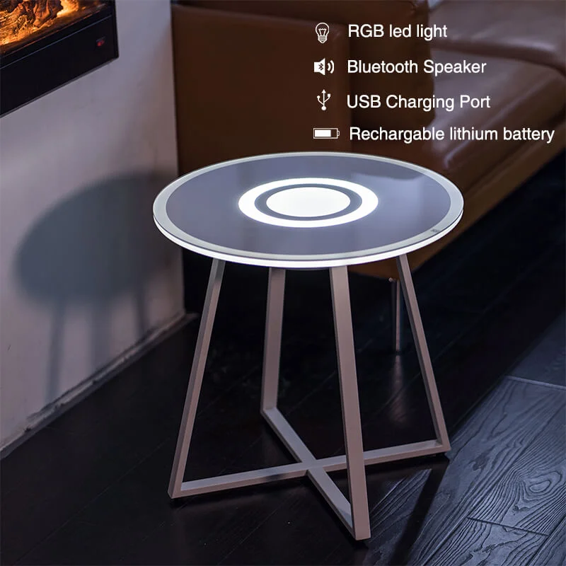 Modern Design Speaker Table Tempted Glass Luxury Led Light Smart Side Table Round Glass Coffee Table With Iron Leg