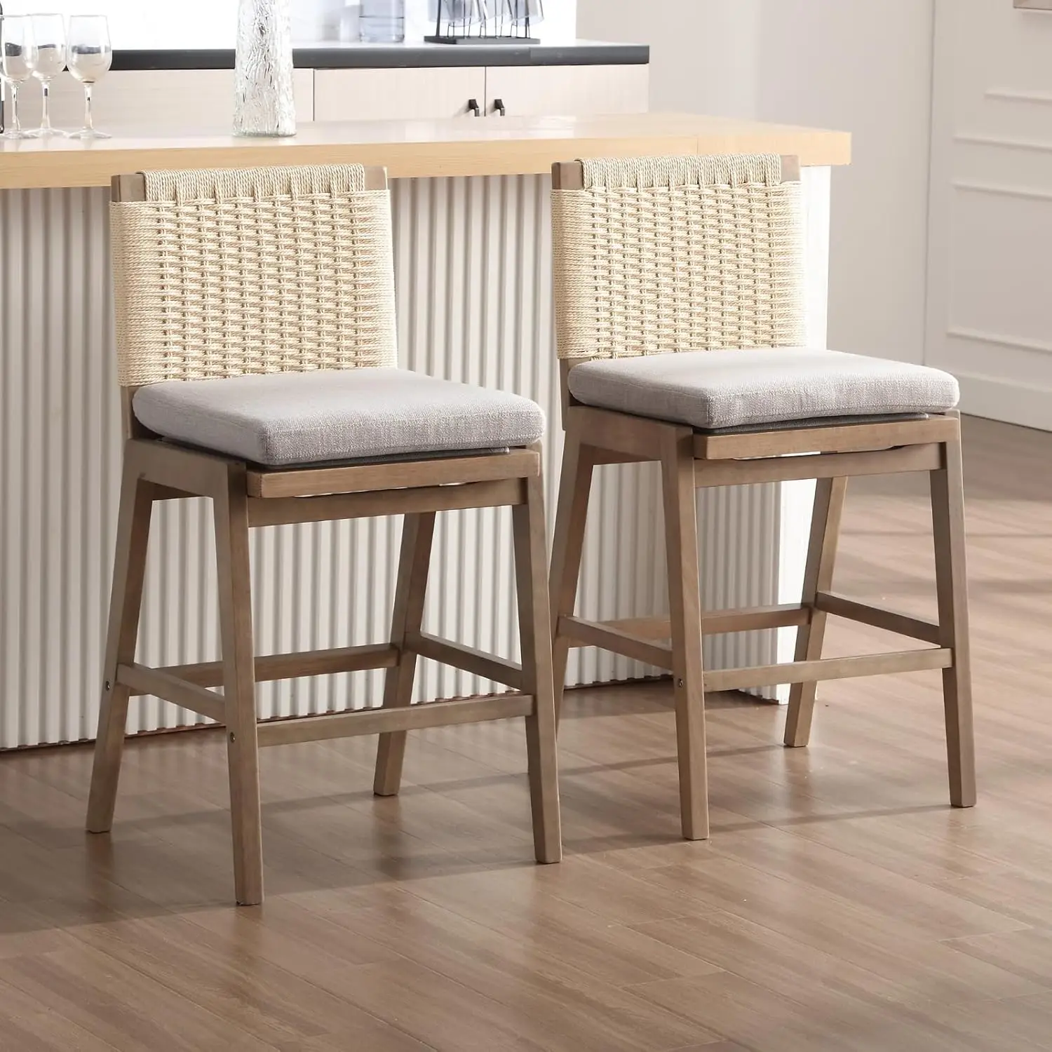 

Набор из 2 барных стульев в стиле Mid-Century Modern, высотой до столешницы, 27 дюймов, с льняной обивкой и плетеным сиденьем, на заказ