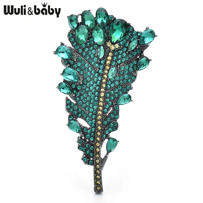 Wuli&baby Luxury Leaf Brooches For Women 2-color Sparkling Rhinestone Feather Plants Party Office Brooch Pins Gifts