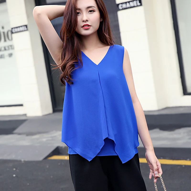 Women Sleeveless Chiffon Tank Top Plus size Casual Blouse Pleated Big Swing Chiffon Shirts camisa blusen damen  blouse large