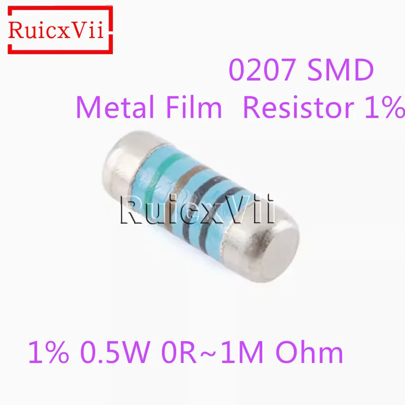 

100 шт. 0207 SMD металлический пленочный резистор 1% 0,5 Вт 0R 1 10R 20 47 100R 200 470 1K 2K 10K 20K 100K 200K 1M Ом Сопротивление вафли