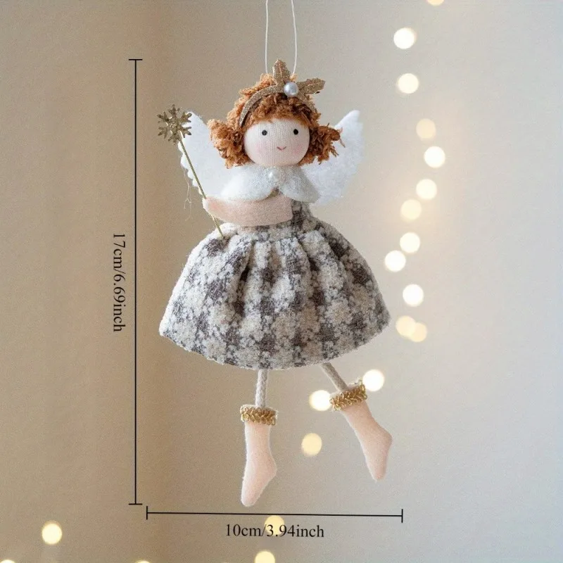 Christmas Girl Angel Doll Pendant Plush Checkered Skirt Pearl Headpiece Doll Christmas Tree Pendant Navidad