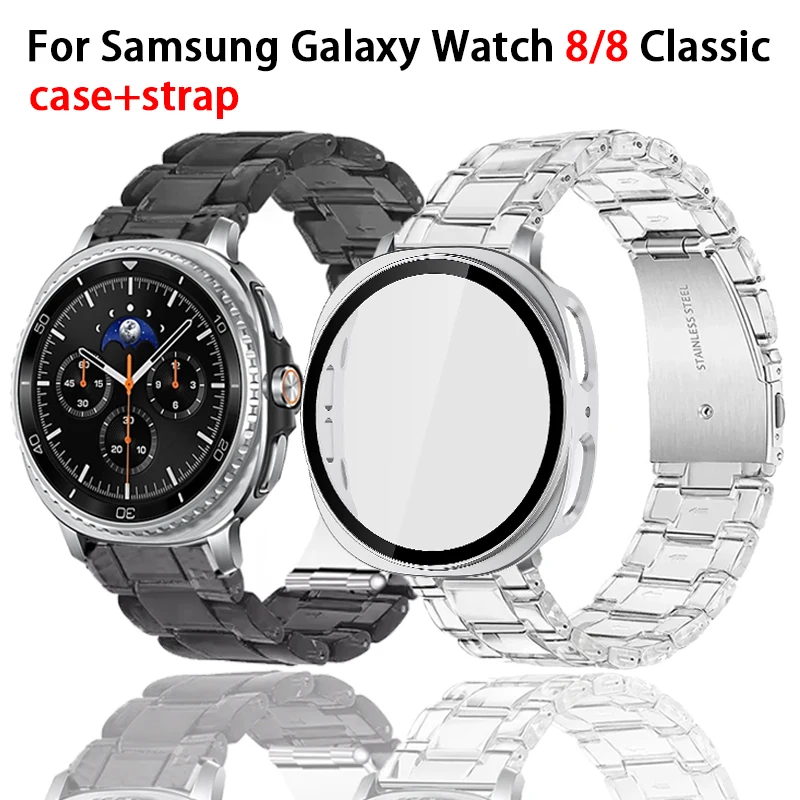 Gehärtetes Glasgehäuse für Galaxy Watch 8 Classic 46 mm Harzarmband PC-Abdeckung für Samsung Watch 8 44 mm 40 mm Armband Correa