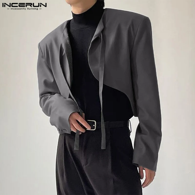 INCERUN Men Irregular Blazer Solid Color Lace Up Long Sleeve Open Stitch Streetwear Crop Suits Men 2024 Fashion Thin Coats S-5XL