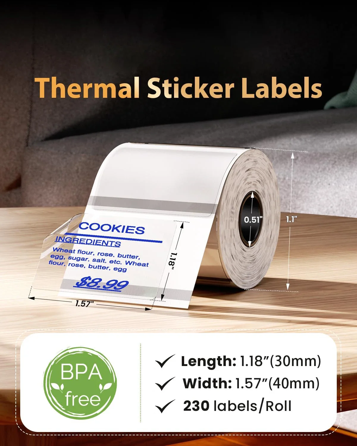 40x30mm Thermal Labels For Barcode Label Printers,Print Blue Font On Transparent,230Labels/Roll,BPA Free Waterproof For Business