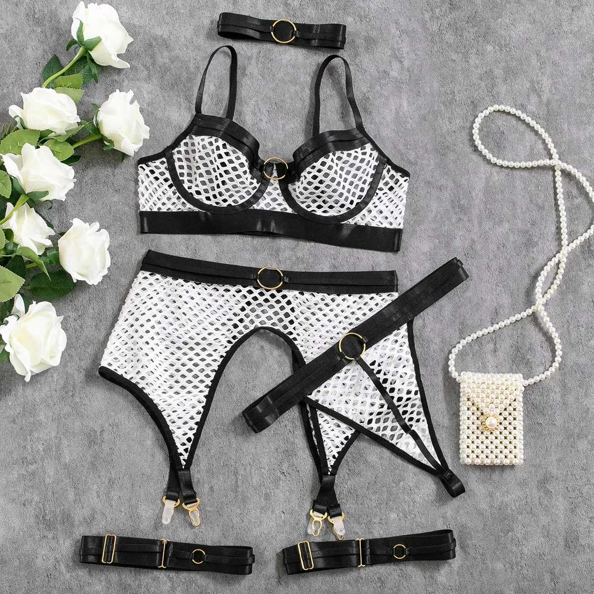 

Women Sexy Fishing Net Exotic Set See Through Thin Bra Set Elegant Micro Bikini Thong Lingerie Set Underwear