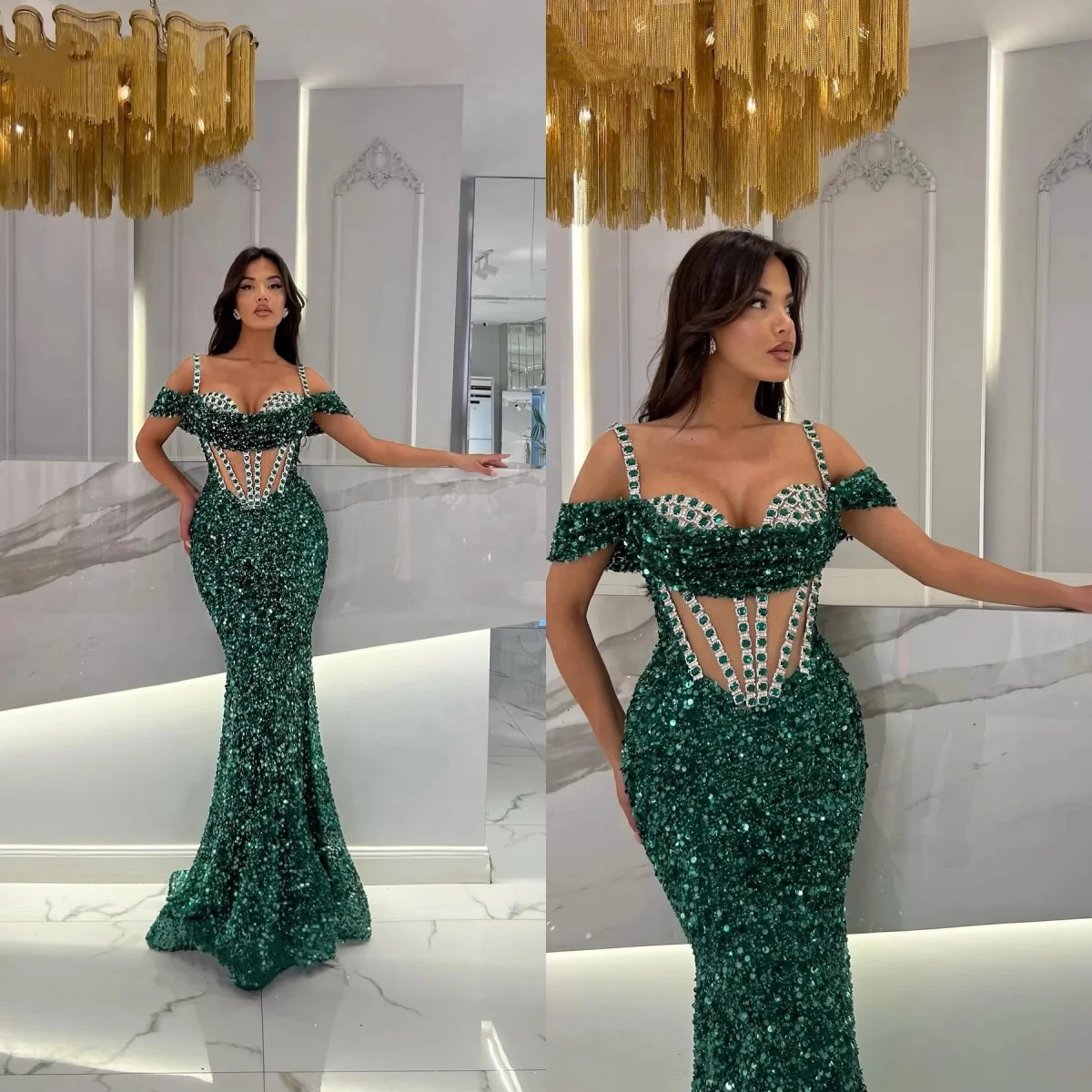

Stylish Mermaid Prom Dresses Crystal Evening Gowns Sequins Spaghetti Straps Party Dress Robes de soirée