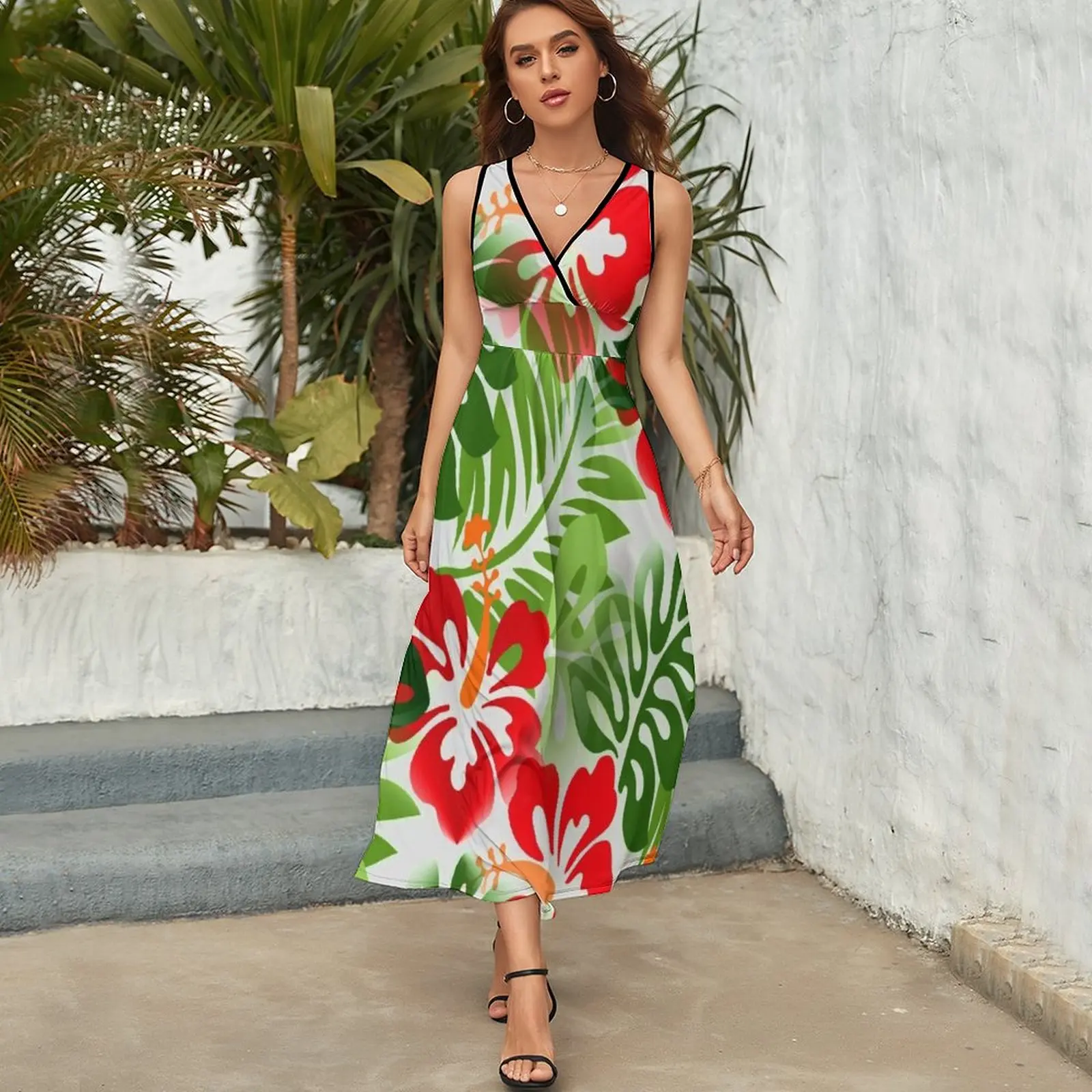Hawaiian Flowered Pattern Tropical Red Green Sleeveless Dress Women's summer dresses clothes for women summer dress women 2023