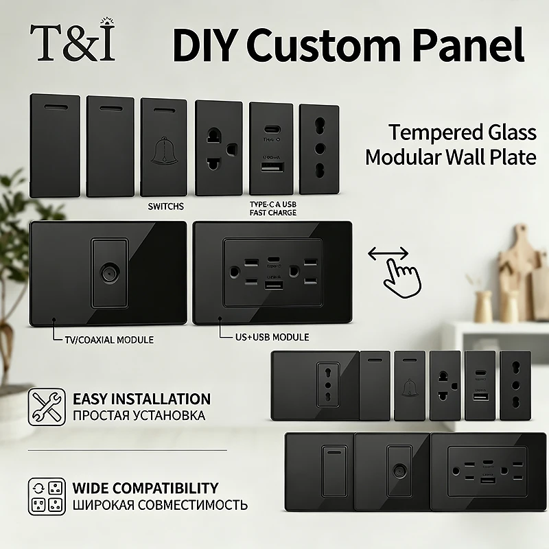 T&I NEMA 5-15R Duplex Outlet + US/EU/Italy/Chile Socket Modules Combination – Tempered Glass DIY Modular Wall Plate 2x4 inch