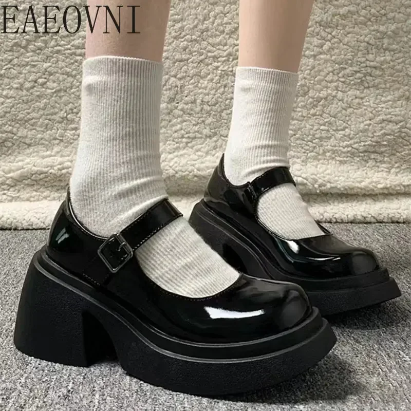 Platform Mary Jane Shoes 2024 New Women\'s Shoes Women Thick Heels Trendy Street Lolita Shoes Round Toe Ankle Strap  Pumps