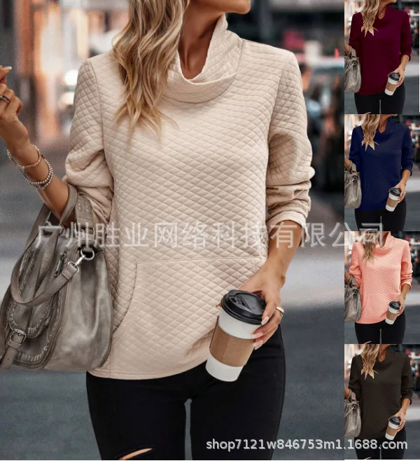 Women's Comfortable Casual 3D Checker Sweater 2023 Autumn/Winter New Long Sleeve Stacked High Neck Solid Color Top