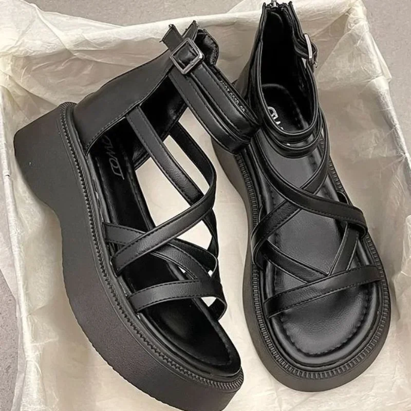 Thick Heel Women Sandals Women\'s New Hollow Open Toe Shoes Fashion Casual Sandals Female Designer Flat Roman Shoes Summer 2024