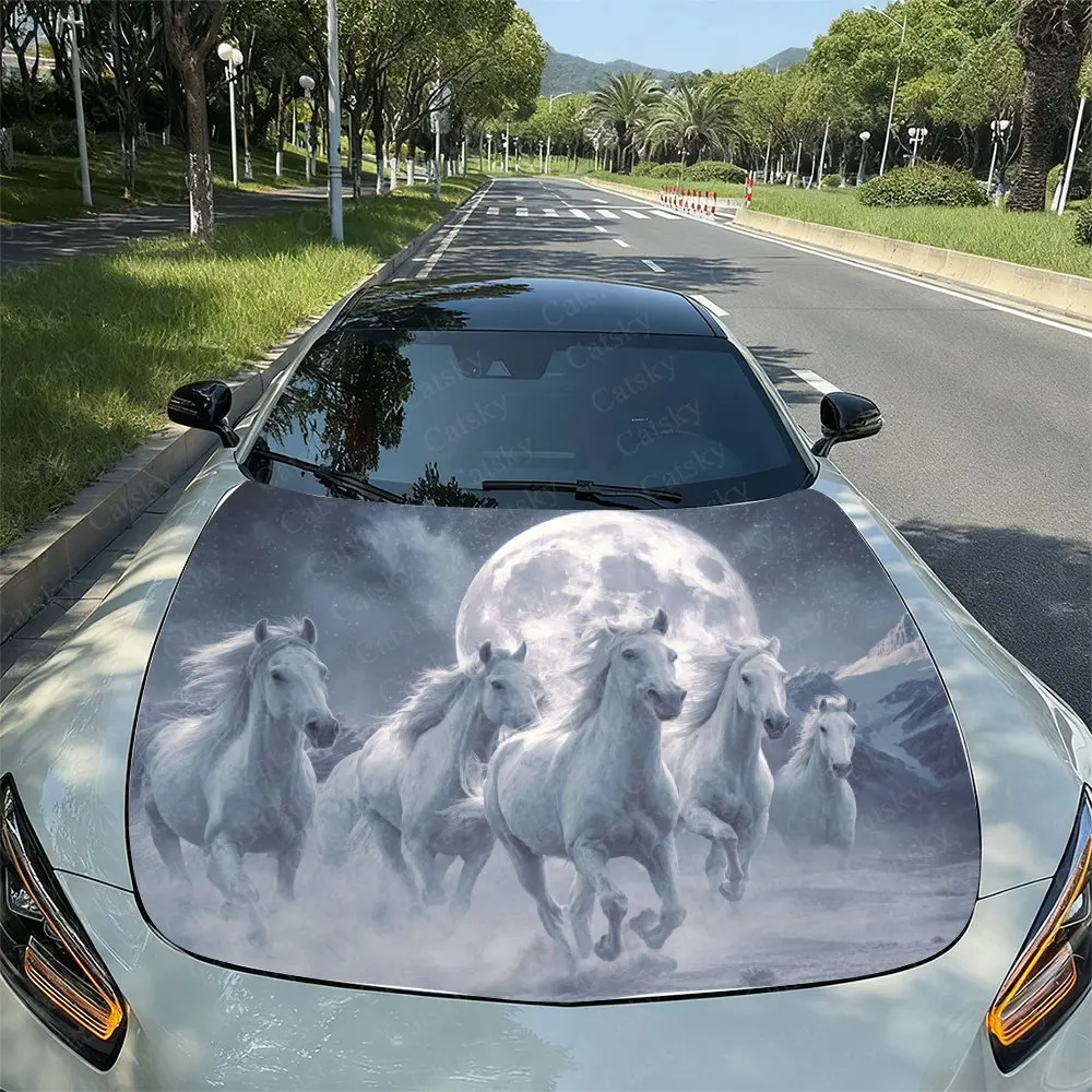 Hood Wrap Decal - Moonlight White Horse Group Sticker For Cars, Trucks & SUVs, Durable PVC Material, Vehicle Bonnet Accessory, A