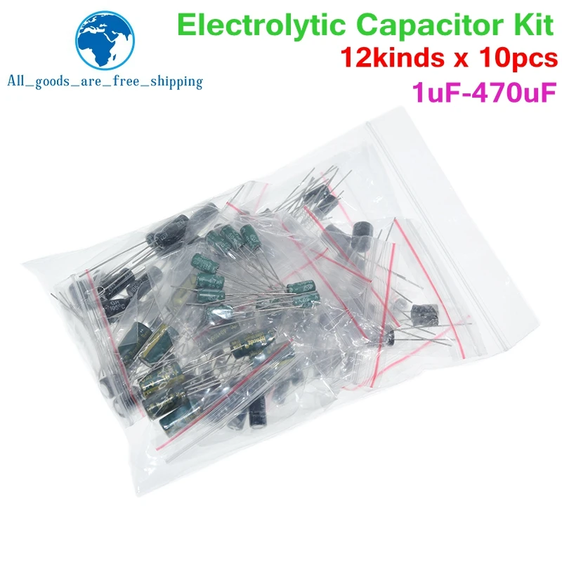 TZT 120pcs 12 value kit 1uF-470uF Electrolytic Capacitor Package 1UF 2.2UF 3.3UF 4.7UF 10UF 22UF 33UF 47UF 100UF 220UF