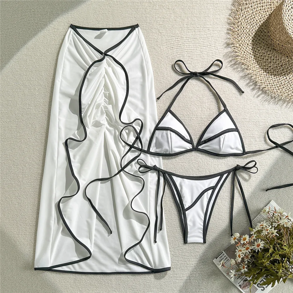 White Triangle String Halter Micro Thong Bikinis Sets 3 Pieces Ruffled Skirts Cover Up Sexy Swimsuit Women Holiday Swimwear 2025