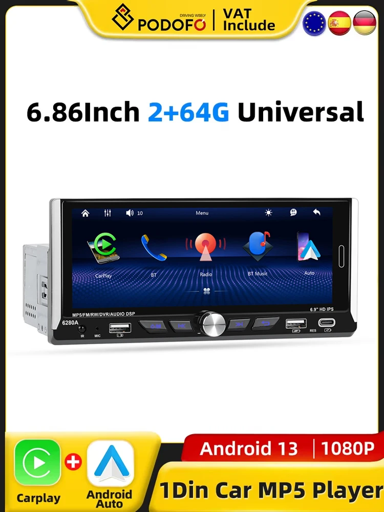 Podofo 6.9 "1din CarPlay Android Radio Universeel 1 DIN Auto Multimedia Speler Type-C Head Unit Intelligent Systeem FM Autoradio - afbeelding 2