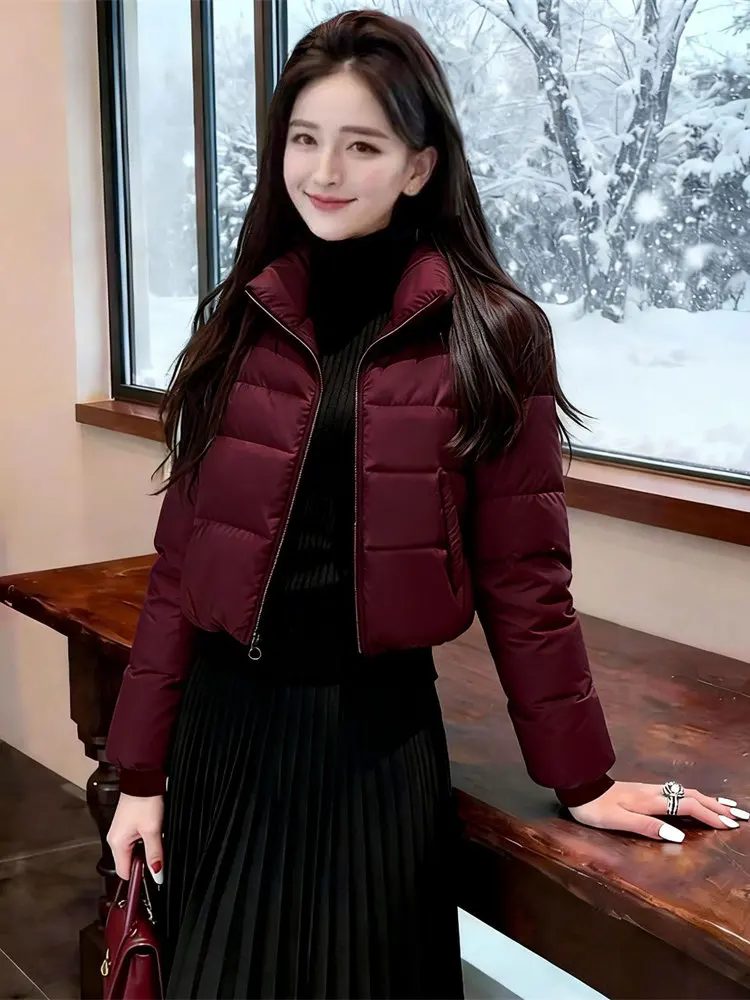 

Элегантная зимняя женская куртка приталенного кроя с воротником-стойкой, хлопковое пальто цвета красного вина, в стиле «Маленький аромат», модная, для повседневной носки