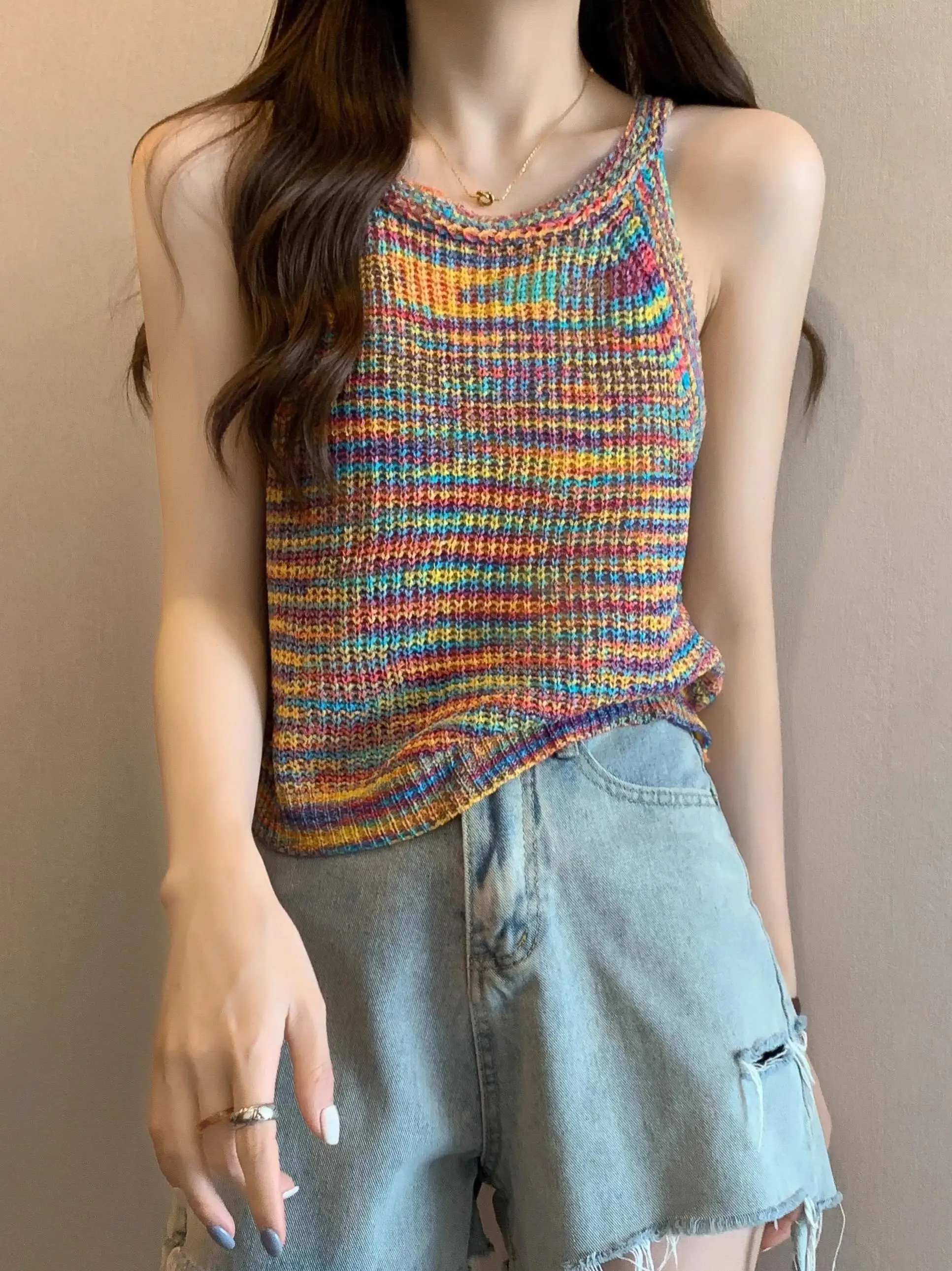 

Knitted Ne Hanging Strap Vest Women Summer Dopane Beach Sle Svel Top Sweet Sle round Ne ort Length