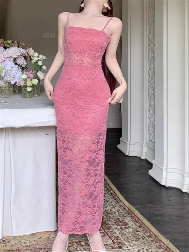 ファッション夏スラッシュネックピンクレースかぎ針編みキャミソールスリップドレスノースリーブボディコンペンシルイブニングパーティードレスロングベストスカート