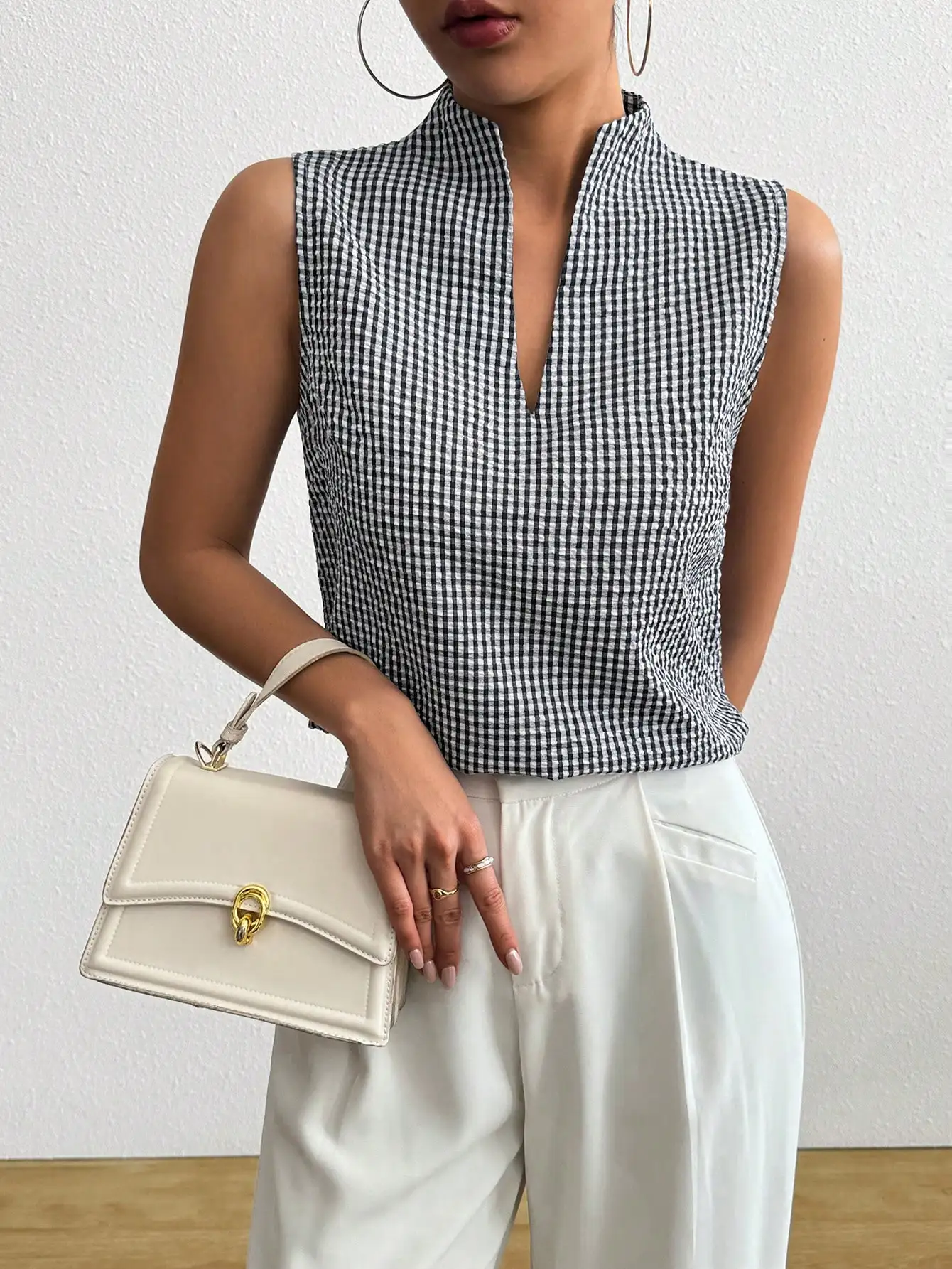 

Блузка без рукавов в клетку с воротником-стойкой, элегантный повседневный топ для женщин