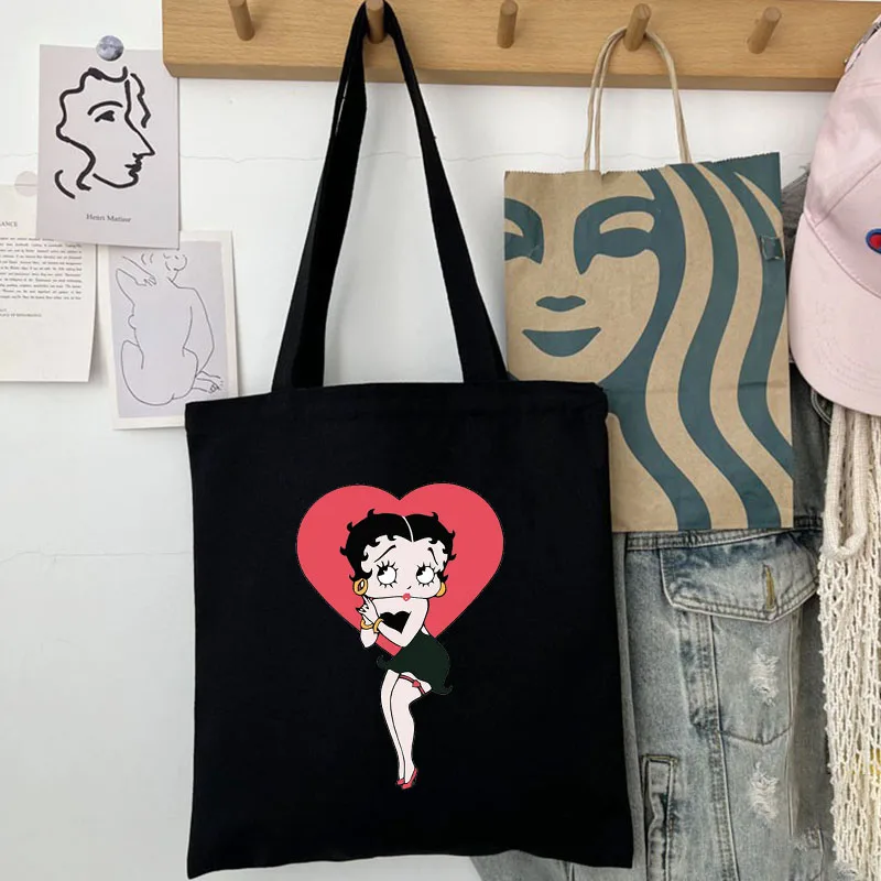 Cute Cartoon Girl Boops Oop Sexy Cherries Women Canvas Shoulder Tote Bag Handbag Eco Shopper Cotton Shopping Bag