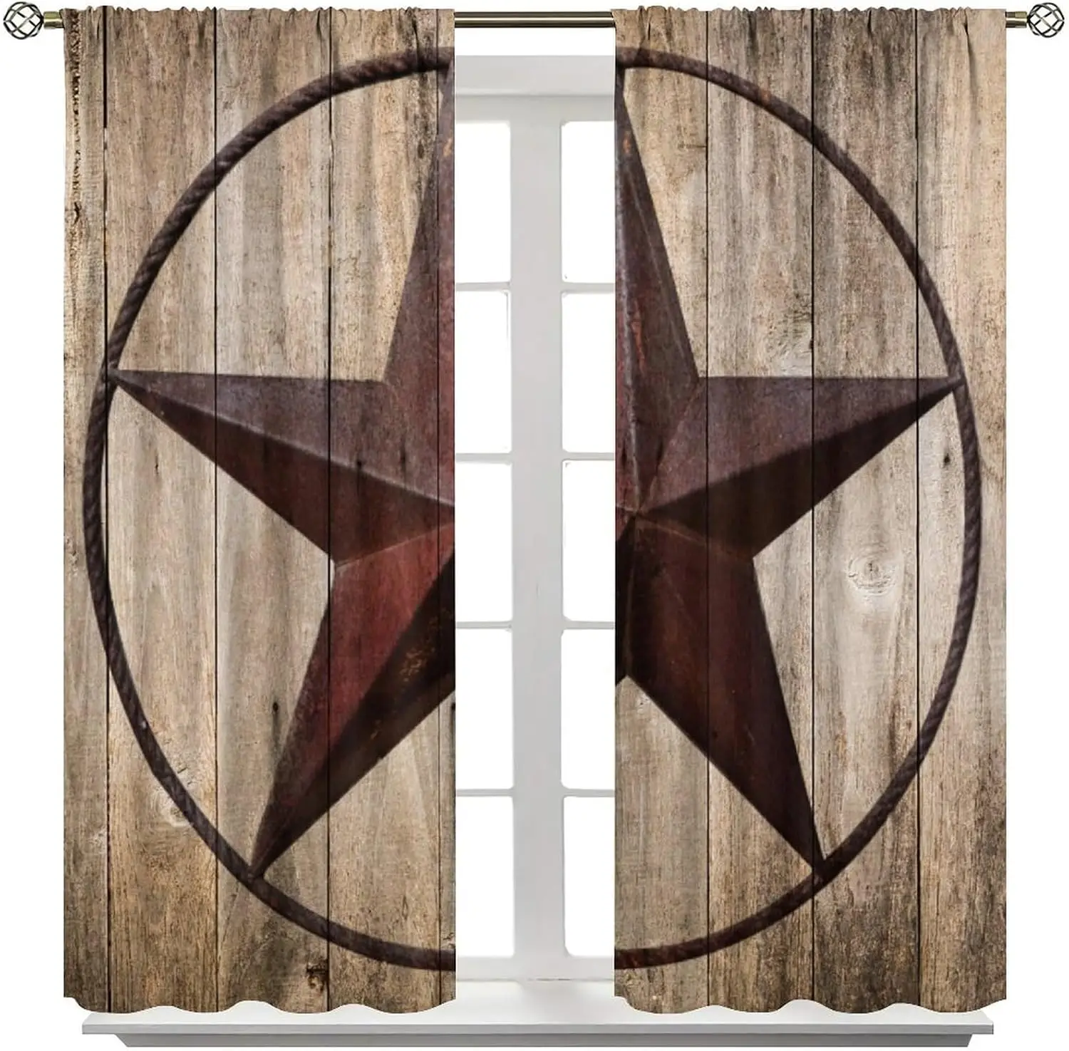 Western Texas Star Curtain 2 Panels, Rustic Wood Board Iron Lone Star Print, Window Drapes for Farmhouse Cabin Country Home