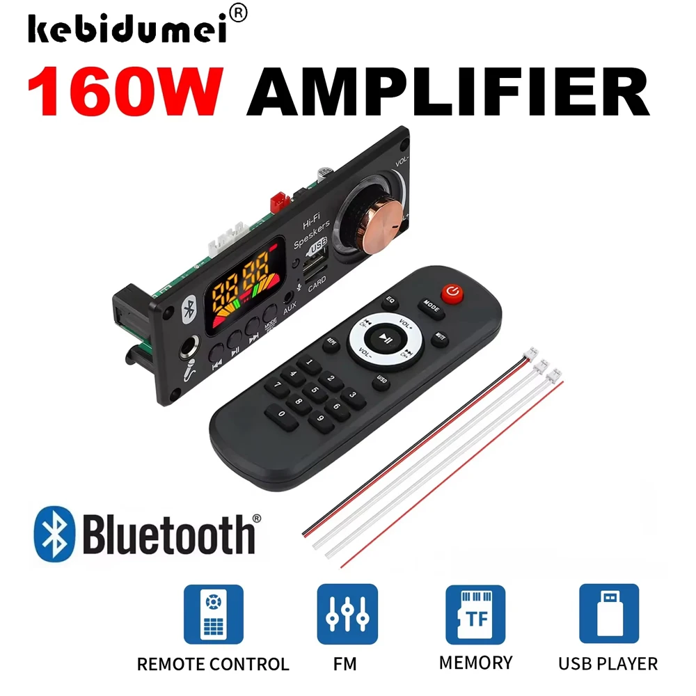 KEBIDUMEI 160W Bluetooth MP3 Decoder Board 2*80W Amplifier Audio Player 12V DIY MP3 Player Car FM Radio Module TF USB Mic Record