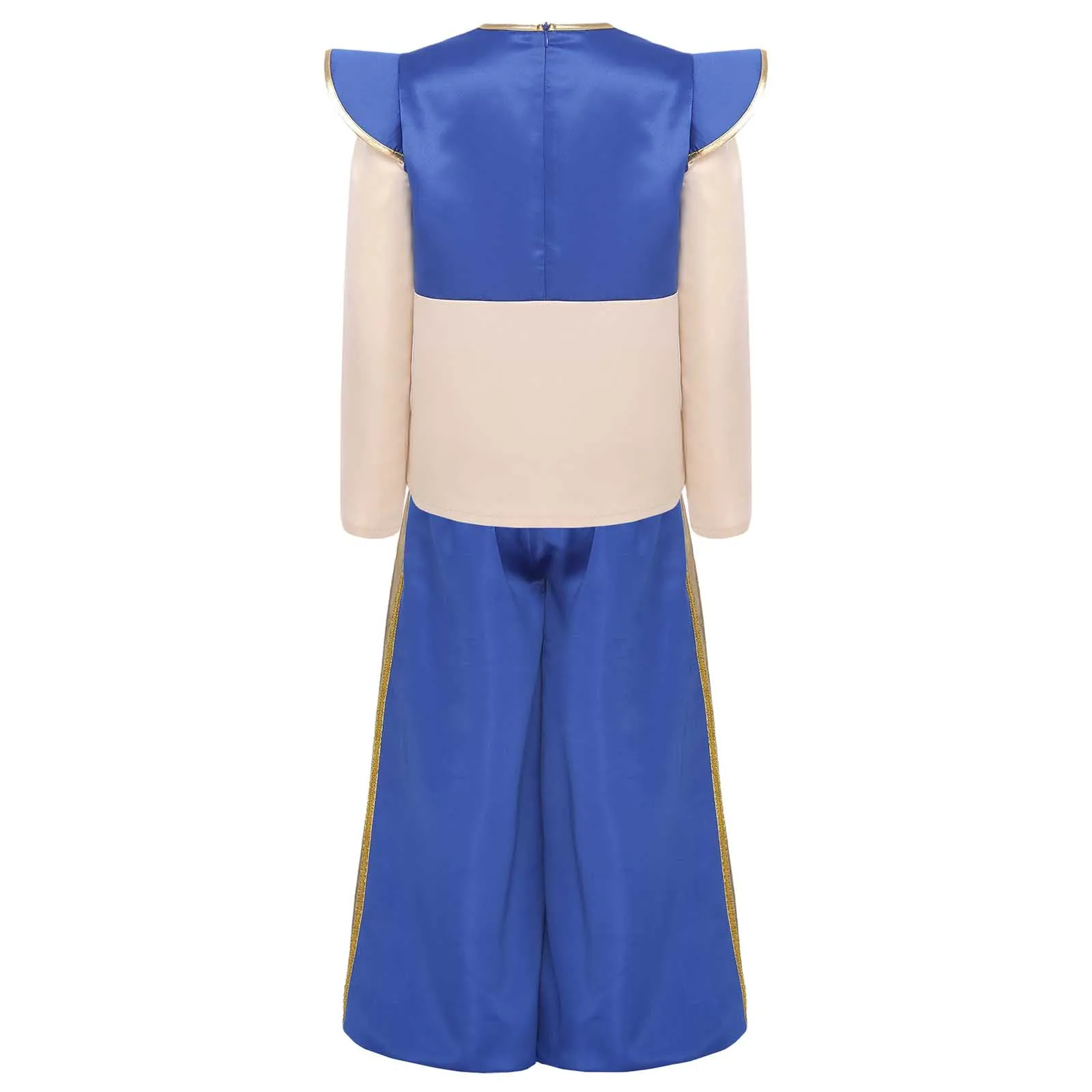 Kostum Cosplay Pangeran Arab Anak Laki-laki Pakaian Roleplay Halloween Atasan Kemeja Lengan Panjang dan Set Celana Harem Mengkilap Metalik