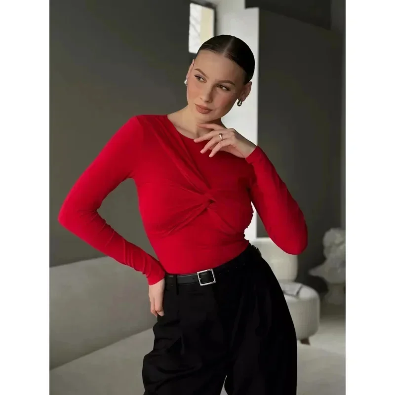 Women's Tight Fitting Base T-shirt Fashion Sexy Slim Fit Cotton Long Sleeved Shirt Chic Office Lady Casual Tops Summer