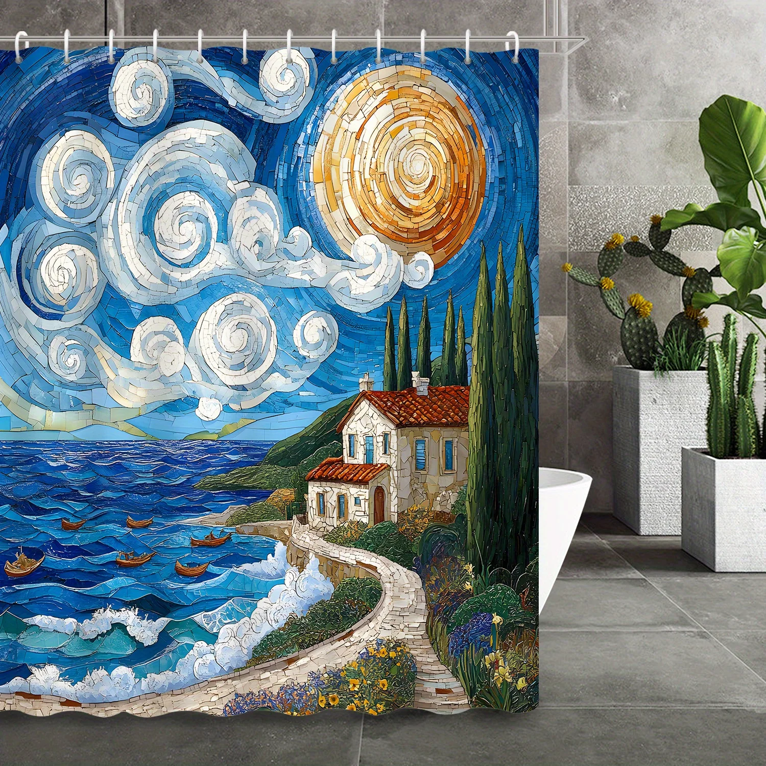 

1 шт., абстрактное искусство, приморский городской пейзаж, занавеска для душа – полиэстер, с 12 крючками, для декора ванной комнаты