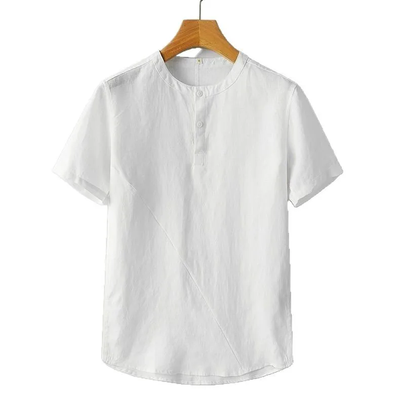 Blouse men 2026 casual Summer Thin cotton linen casual stand-up collar short-sleeved loose casual pullover shirt men's clothing