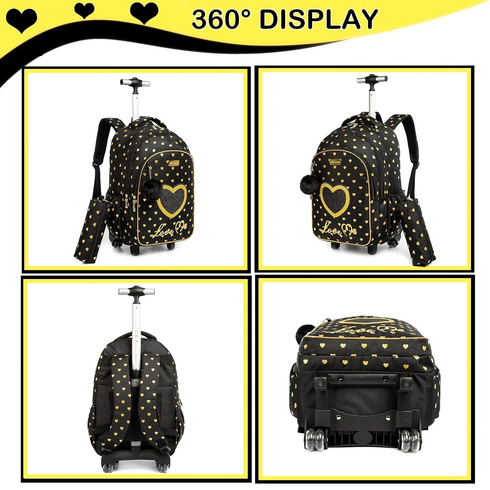 BunnyFly Kids Rolling Backpack Set with Lunch Box Girls School Trolley Bag Lightweight Wheeled Luggage for Elementary Students