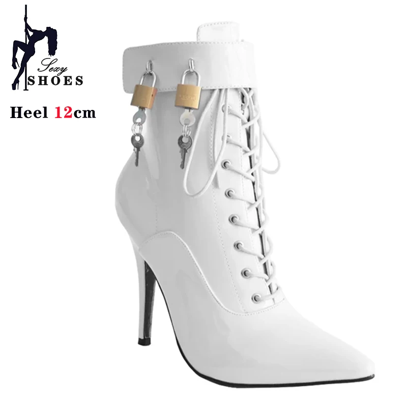 Women Pointed Toe Ankle Strap Boot 12cm Sexy Cross-tied Metal Thin High Shoes Stiletto Buckle Boots with Padlocks Lockable Boots