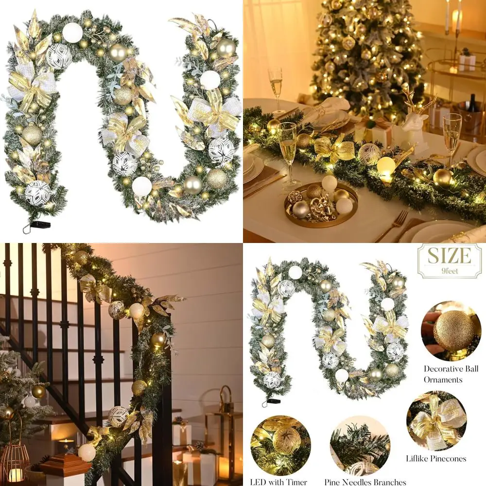 

Предварительно освещенная 9-футовая рождественская гирлянда с шариками из белого золота и лентой — идеально подходит для мантии, лестницы, камина и праздничного декора