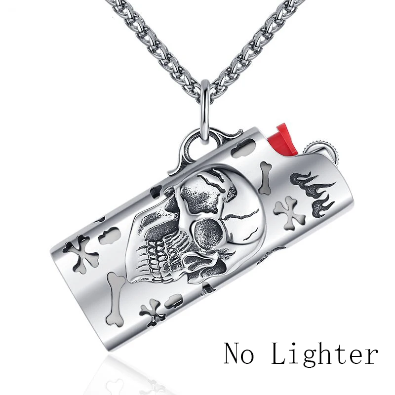 Titanium Steel Unique Lighter Pendant for Men Vintage Skull BIC Lighter Mini J5 Lighter Case Cover Stainless Steel Necklace Cha